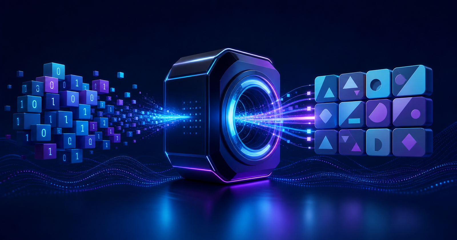 Glowing binary data transforming into structured Base64 character blocks