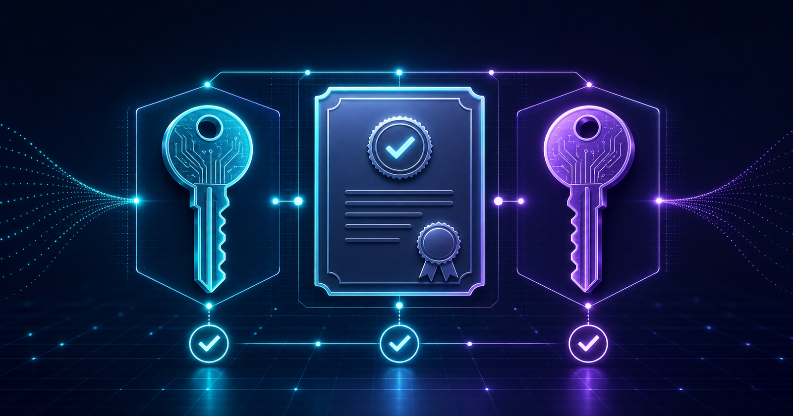 Certificate and private key aligned in a glowing cryptographic validation matrix