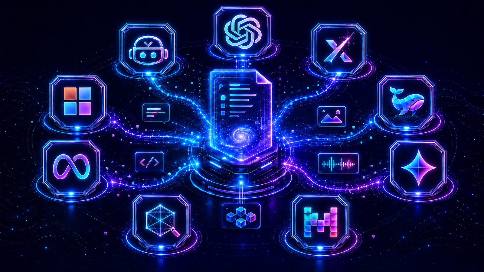 Ecossistema de inteligência artificial generativa conectado a modelos, código, imagens, áudio e agentes