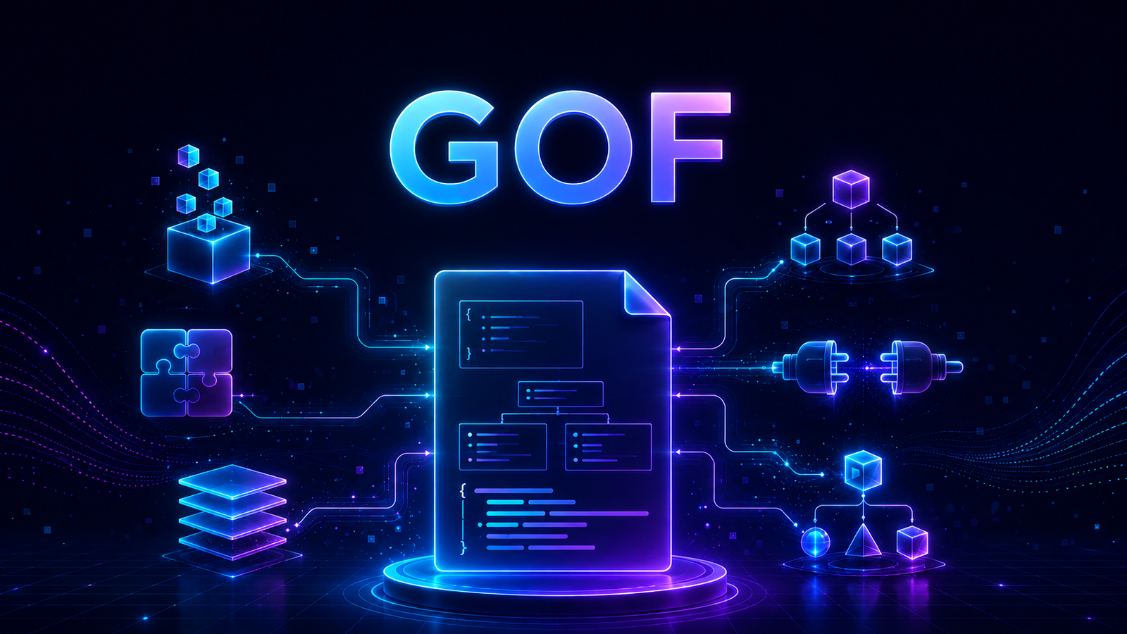 Documento de código central conectado a estruturas de padrões de projeto GoF em estilo neon