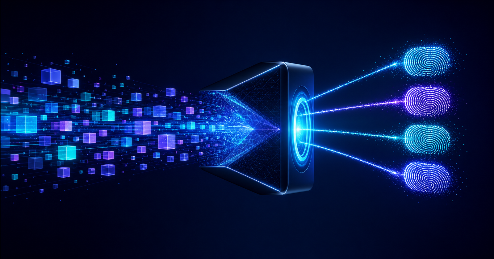 Data blocks flowing through a cryptographic hash engine into fixed-length fingerprints