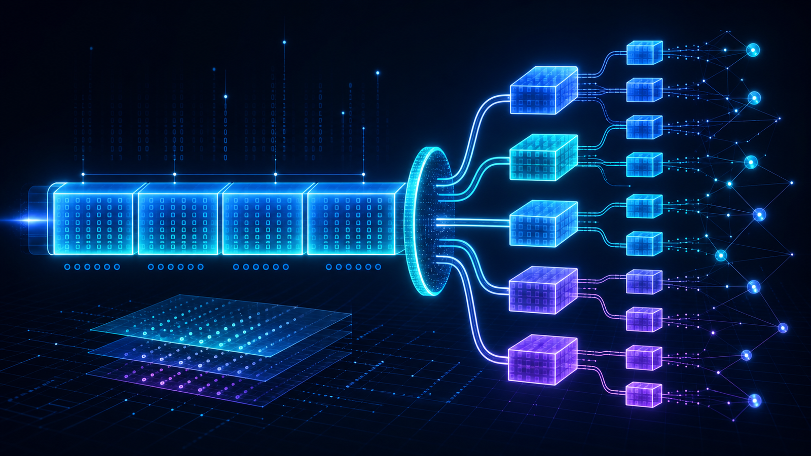 Futuristic IPv4 address divided into four binary octets and branching into organized CIDR subnet ranges