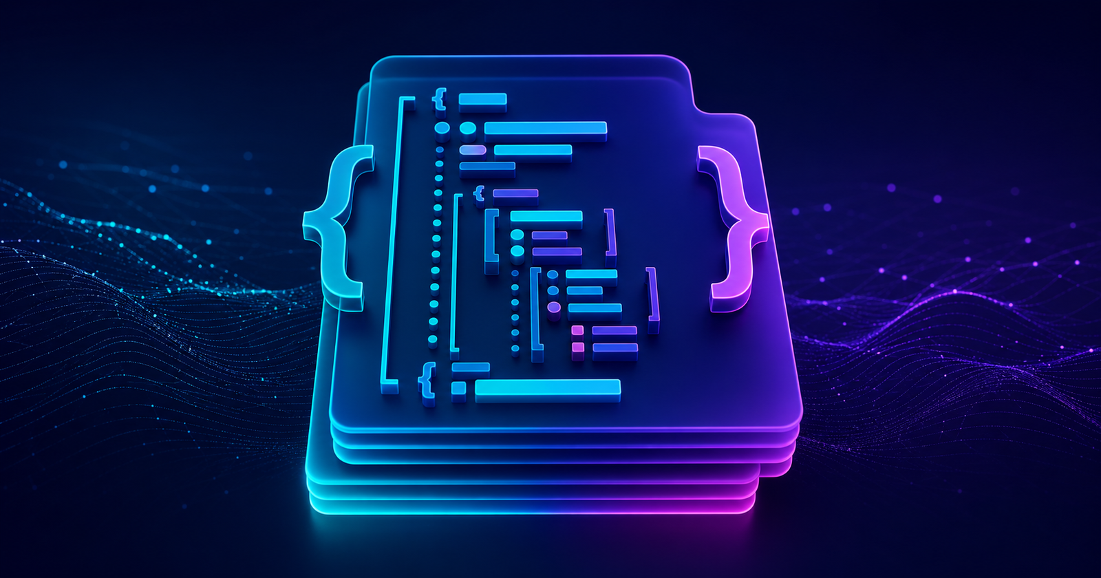 Glowing JSON document with nested objects, arrays and formatting guides