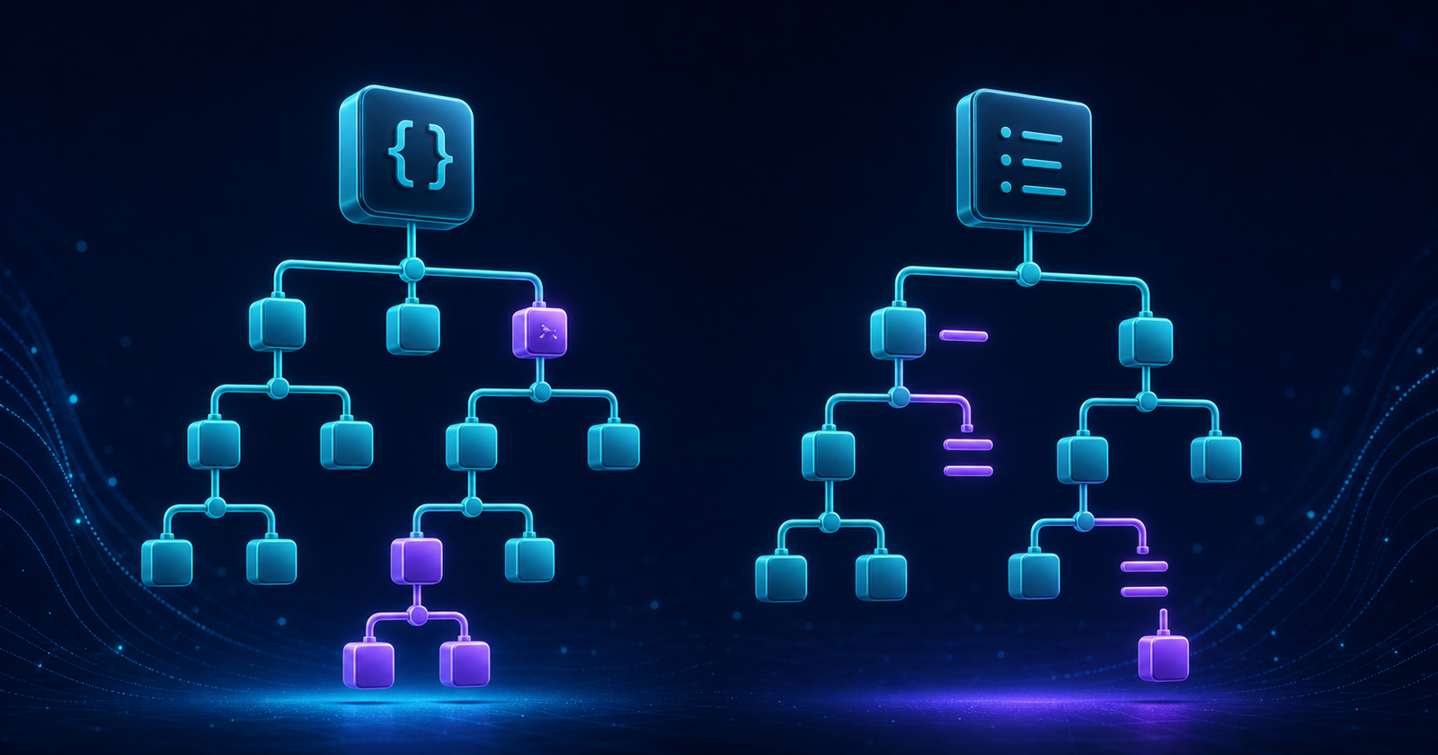 Side-by-side JSON and YAML trees connected by highlighted matching and different fields