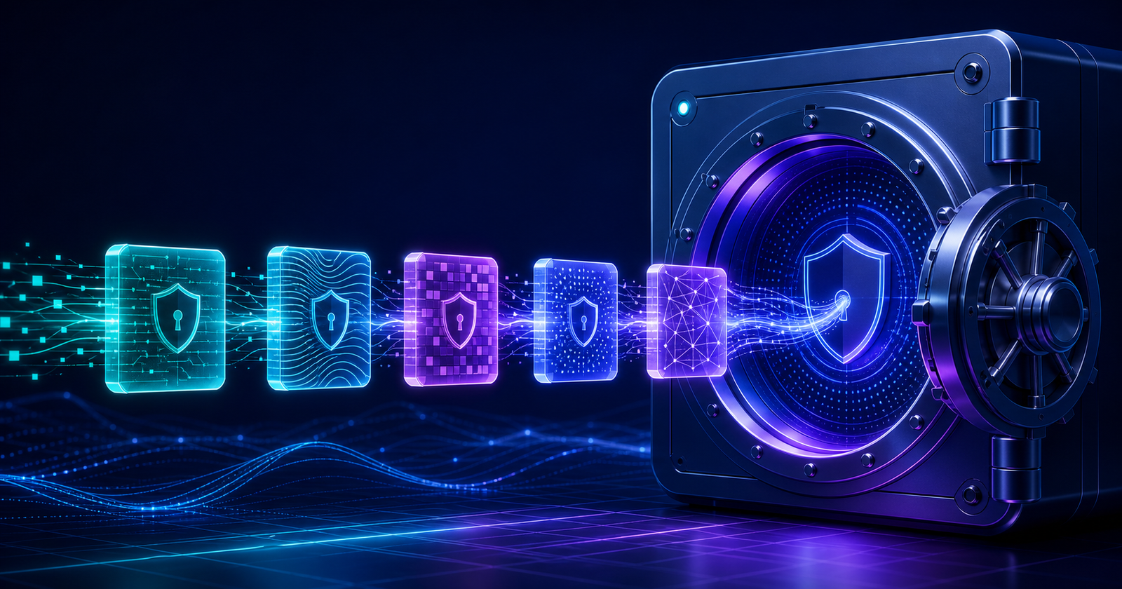 Five encrypted token segments entering a luminous security vault