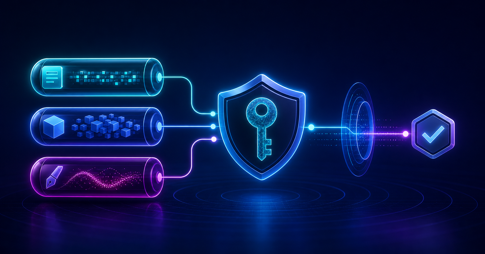 Three glowing JWT token segments connected to a cryptographic signature shield