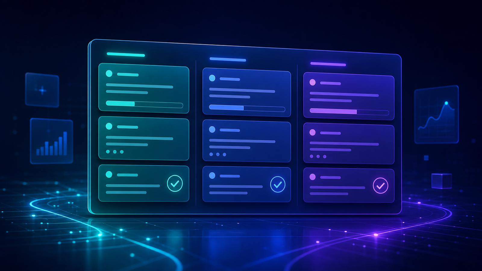 Neon Kanban board with organized task columns, progress indicators and completed cards