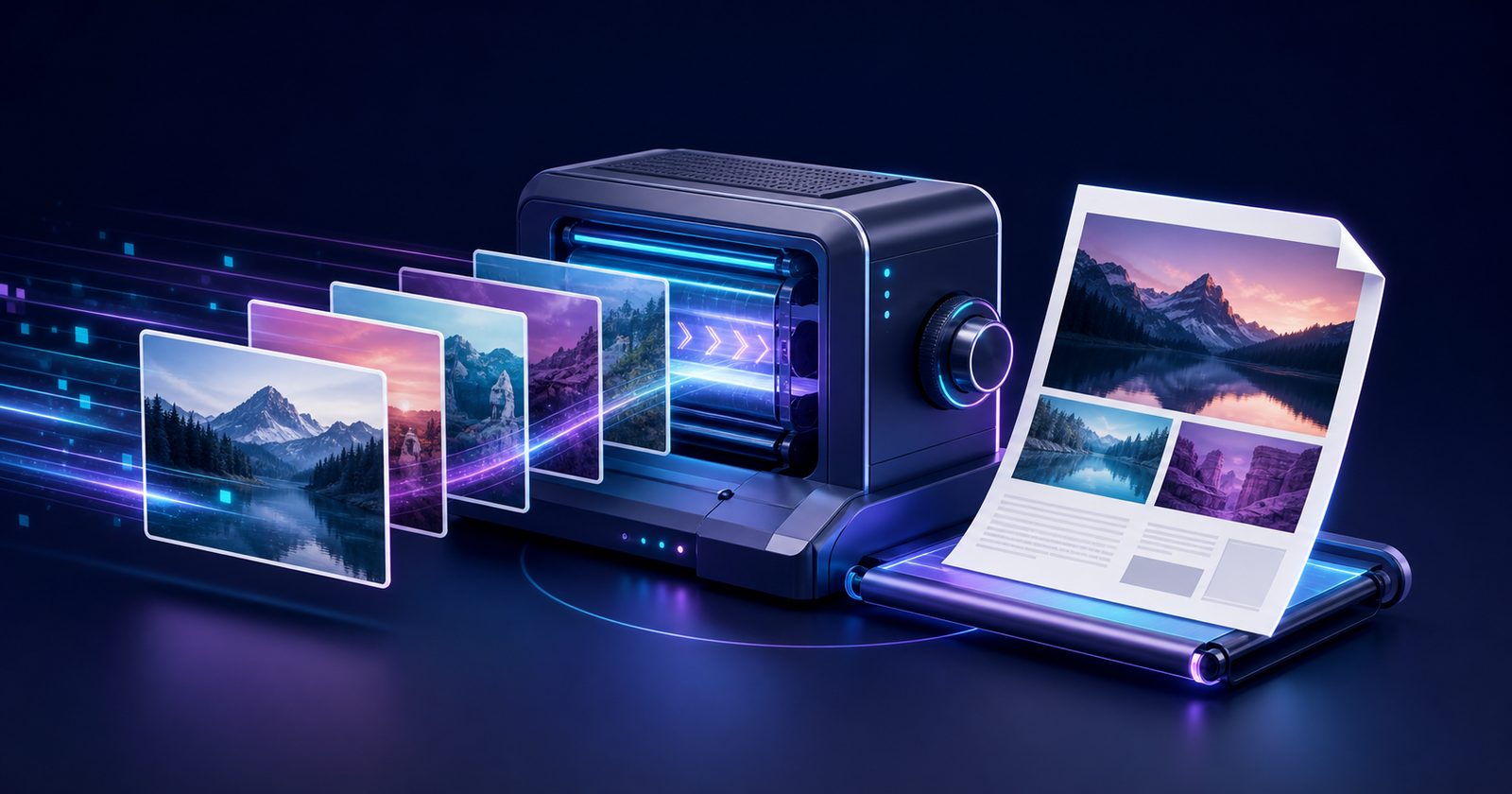 Ordered photographs transforming into a professionally bound digital PDF document