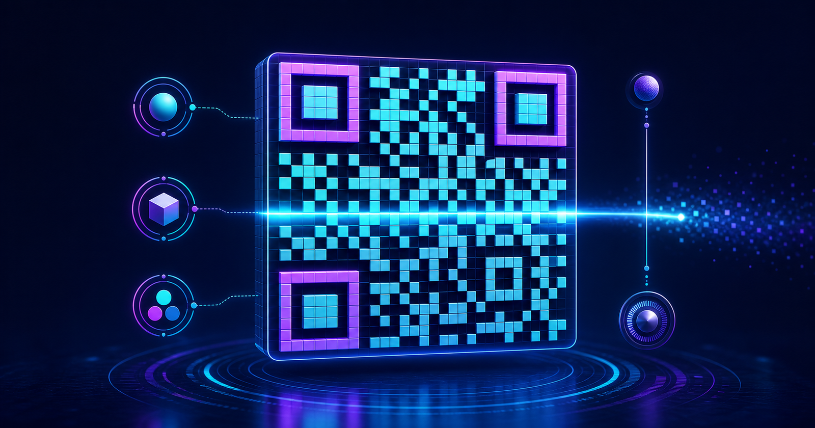 Elegant neon QR matrix with finder patterns, data modules and scanning beams