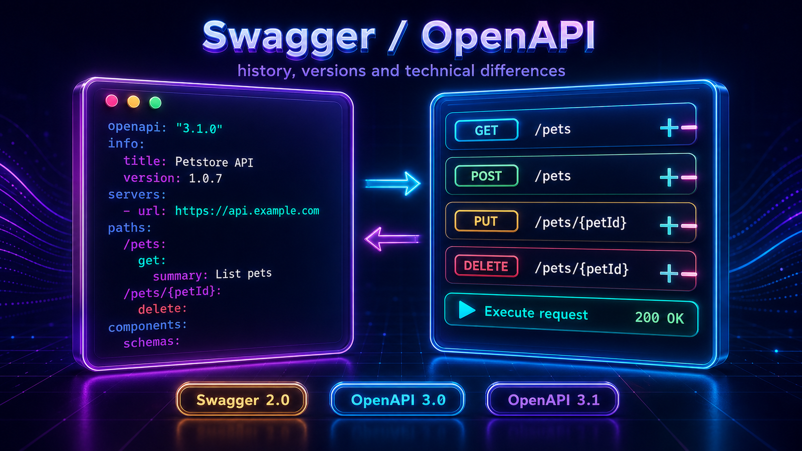 Split view of a glowing OpenAPI document in YAML next to rendered API endpoints with colored HTTP method badges