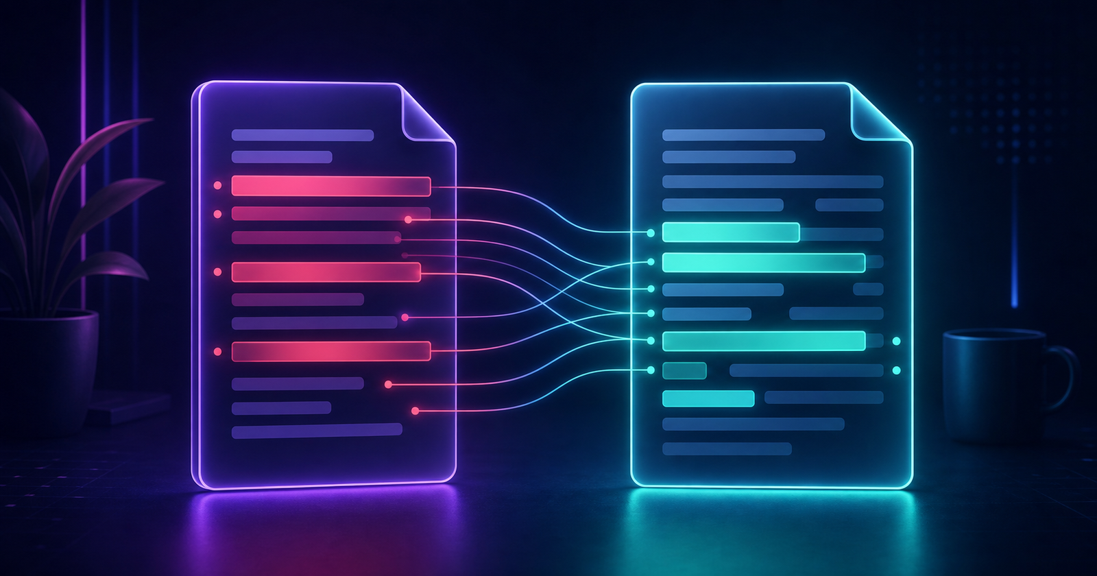 Two glowing text documents connected by highlighted additions and removals