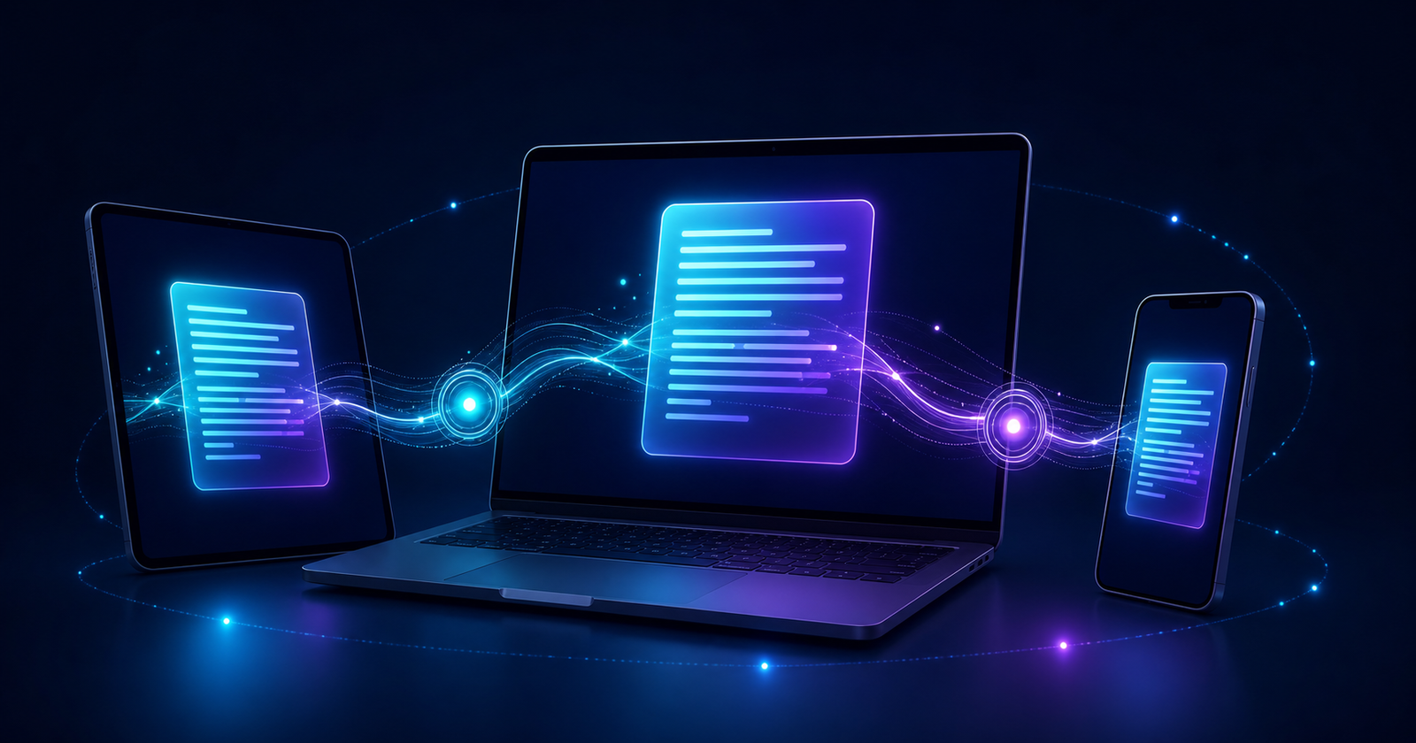 Multiple screens synchronizing glowing text through real-time network channels