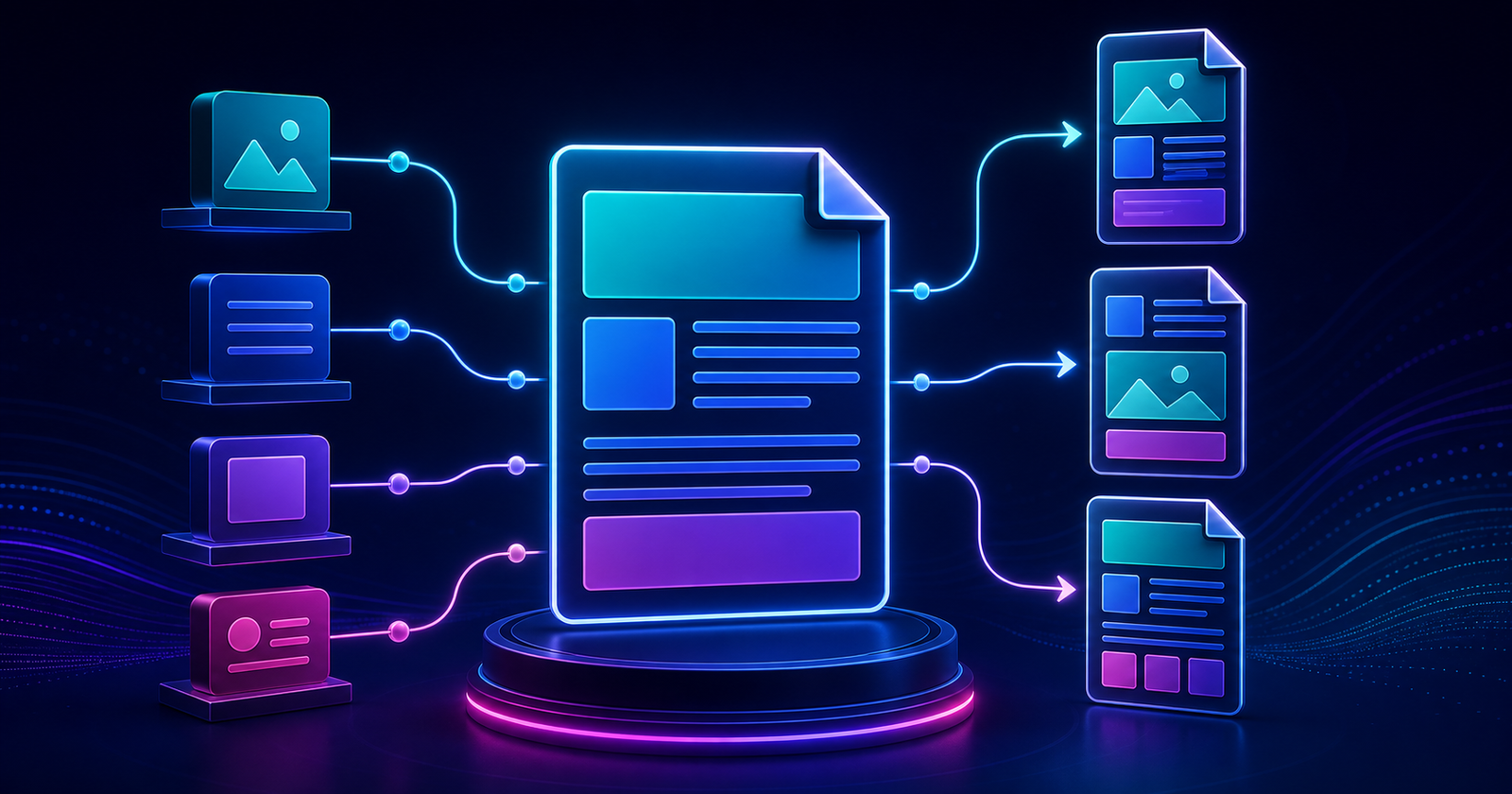 Neon document template with connected variable placeholders and generated text blocks