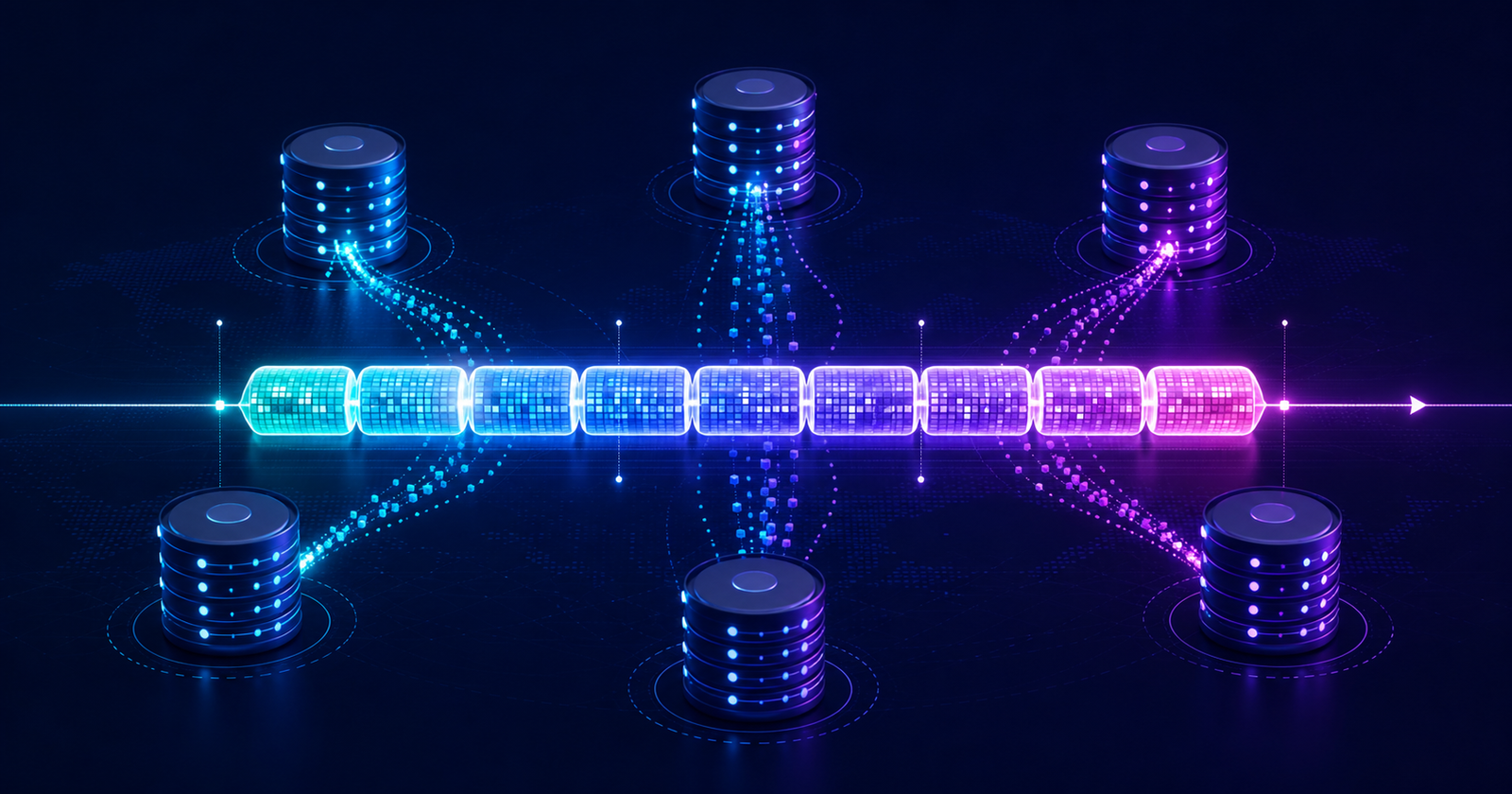 Glowing UUID segments arranged across a distributed network of database nodes