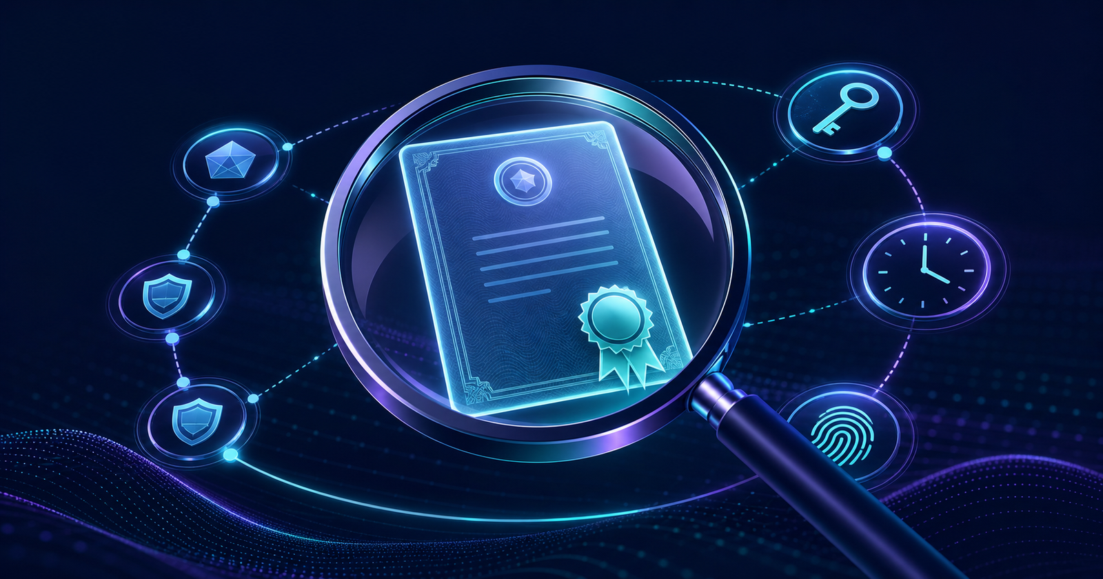 Digital X.509 certificate under a magnifying glass with trust-chain connections