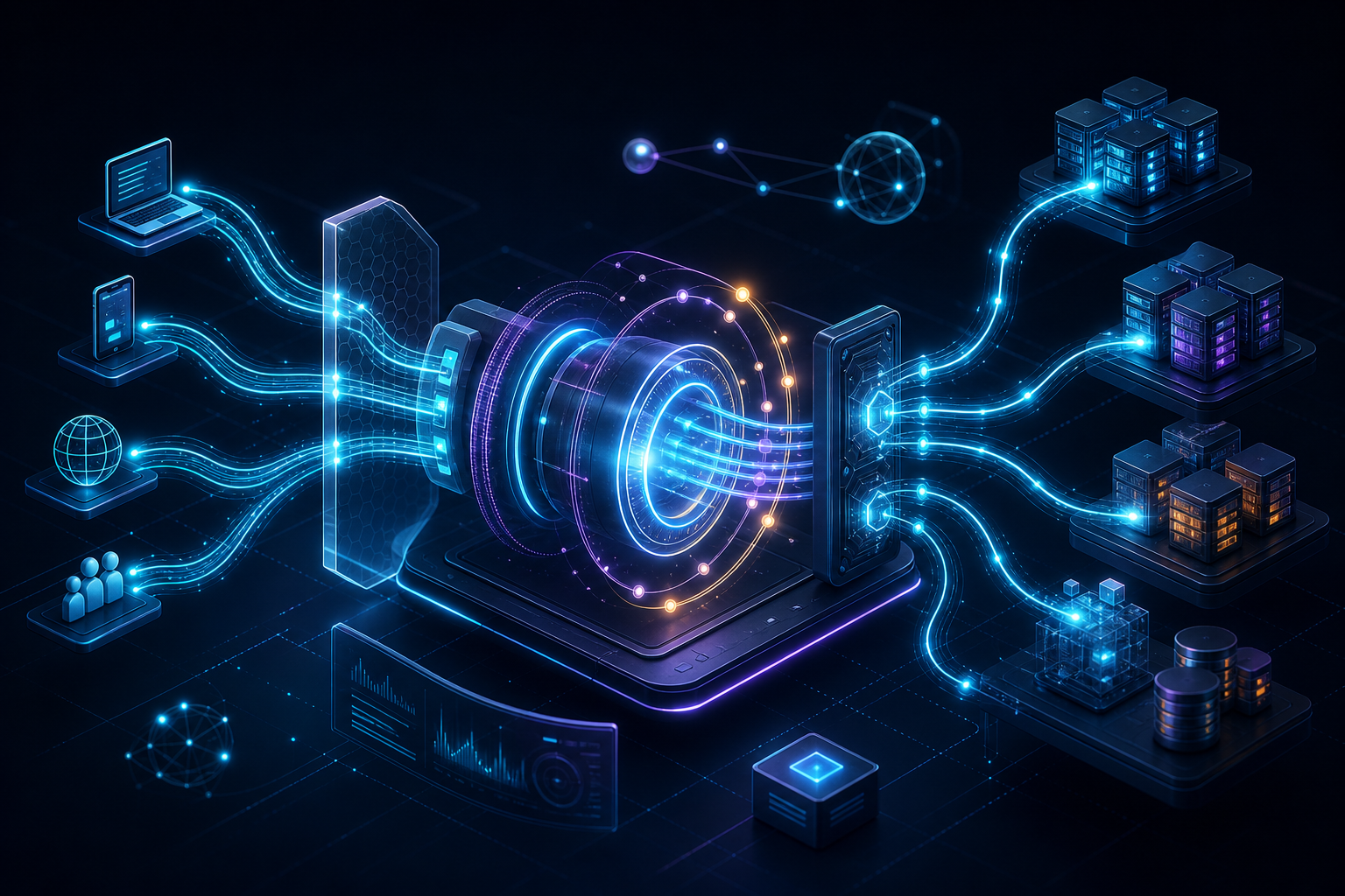 Central API Gateway mediating consumers, policies, and backend services