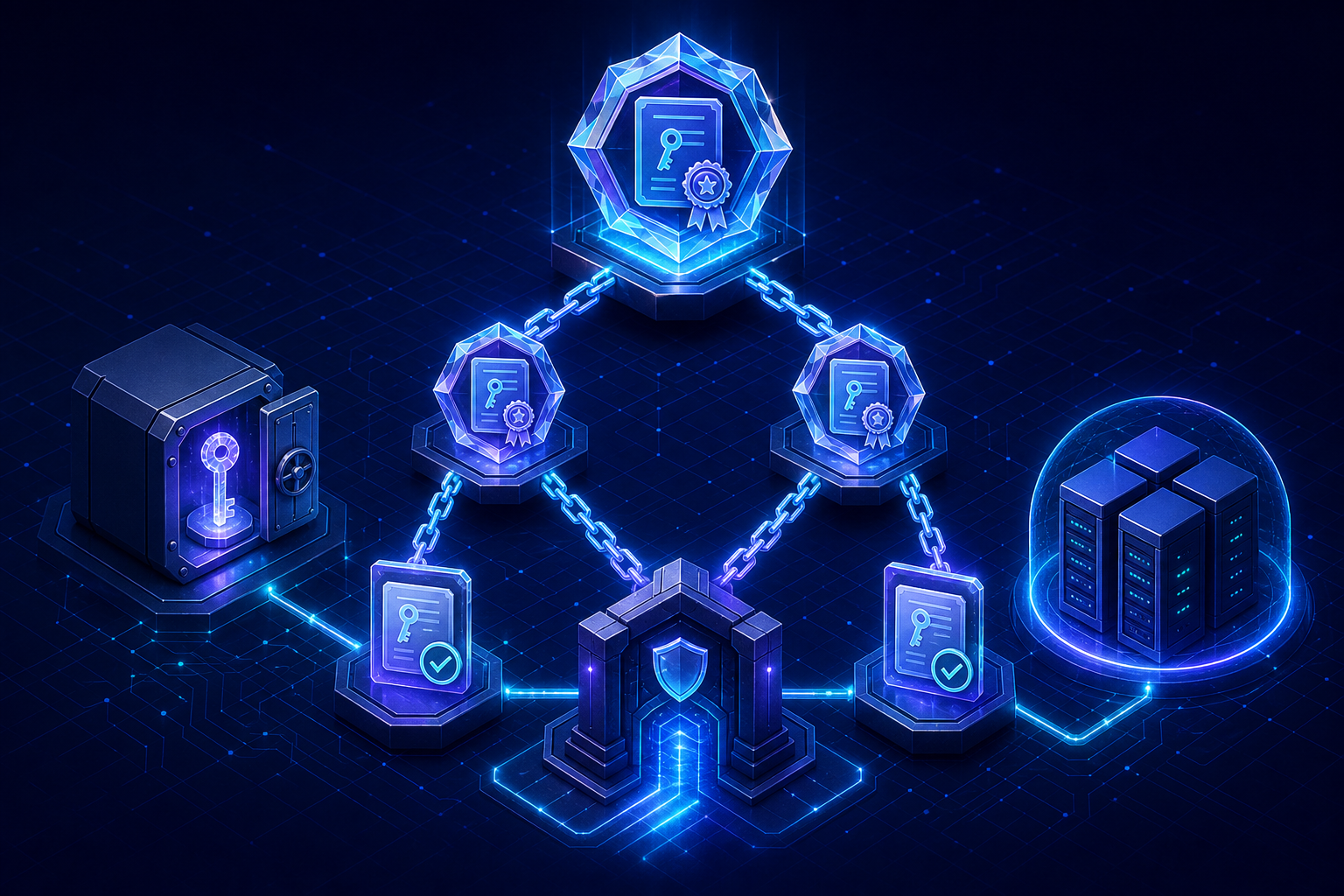 PKI trust chain connecting a root CA, certificates, an HSM, an API Gateway, and servers