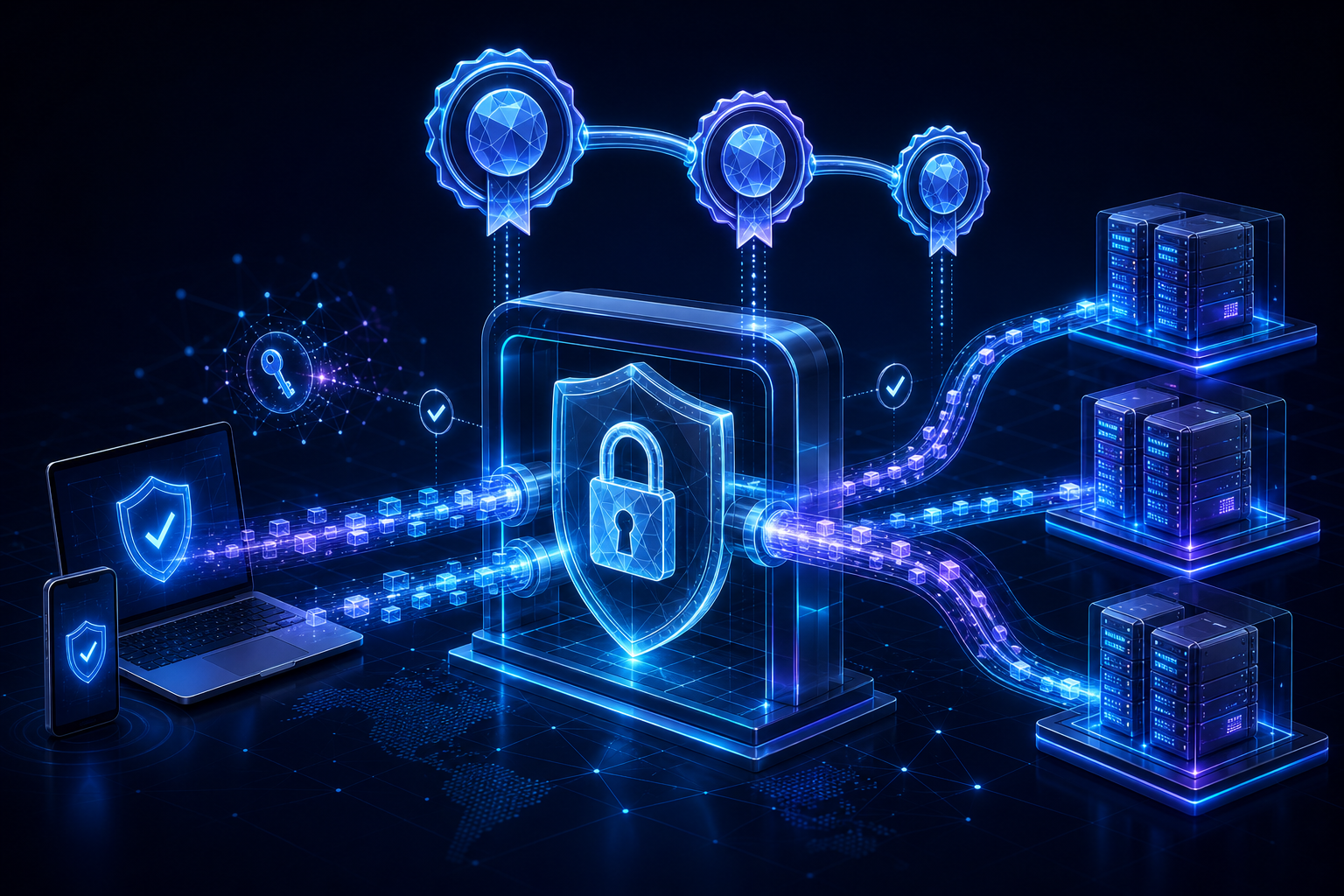 HTTPS connection protected by TLS, a certificate chain, and an API Gateway
