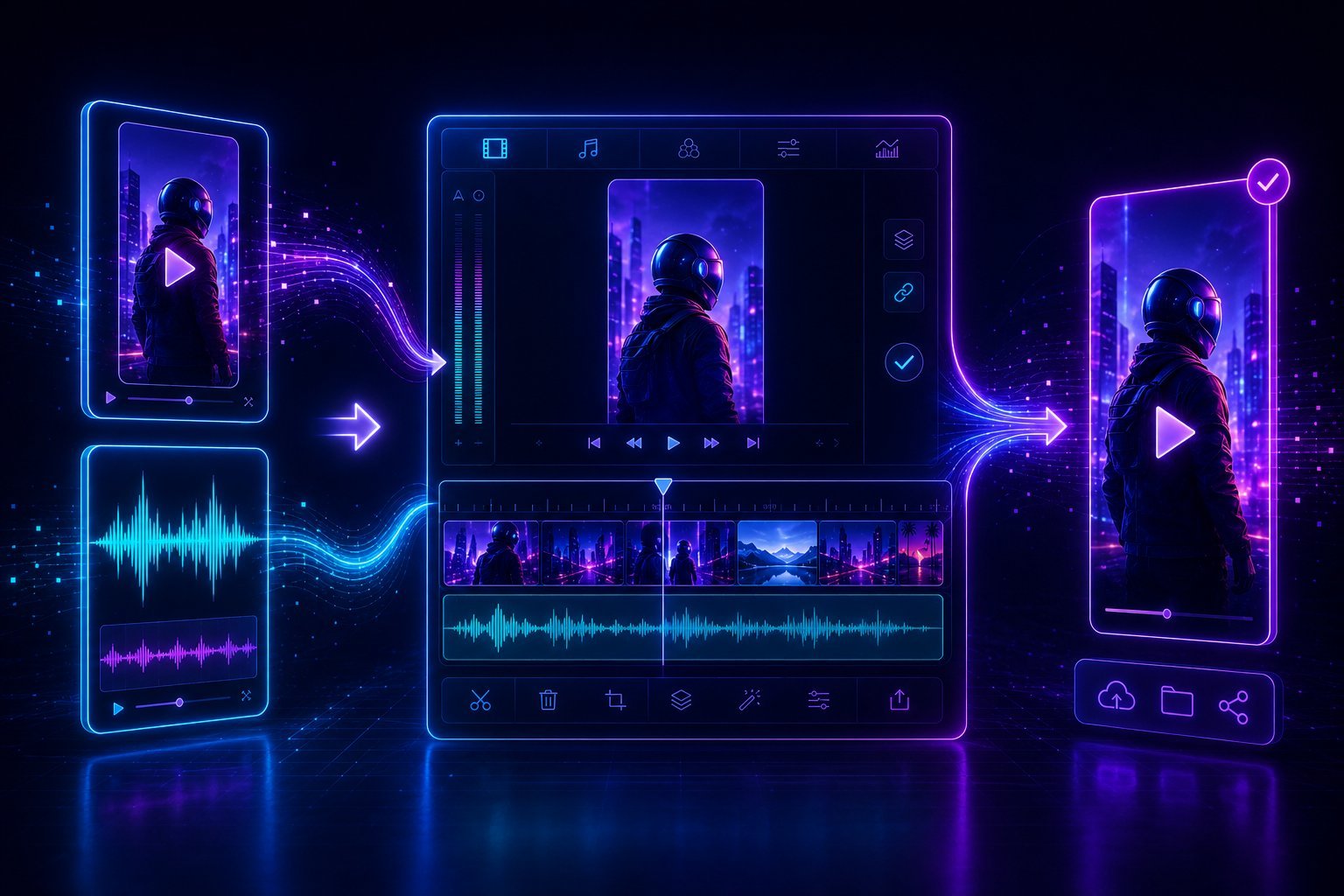 Illustration of a video and an audio waveform flowing into an editor with a preview and a timeline, and out again as one finished video